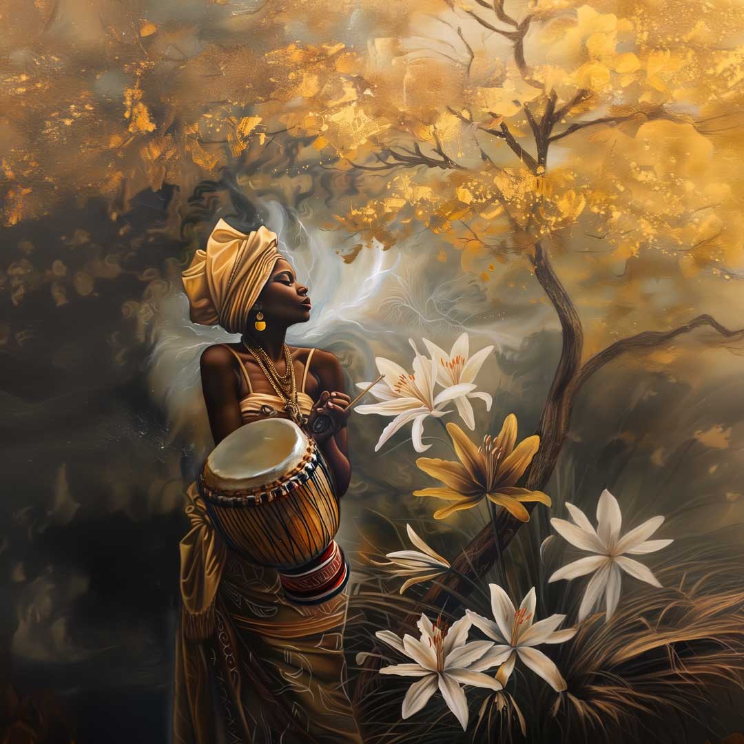 generative art African woman playing a drum in a surrealist style with an acacia tree